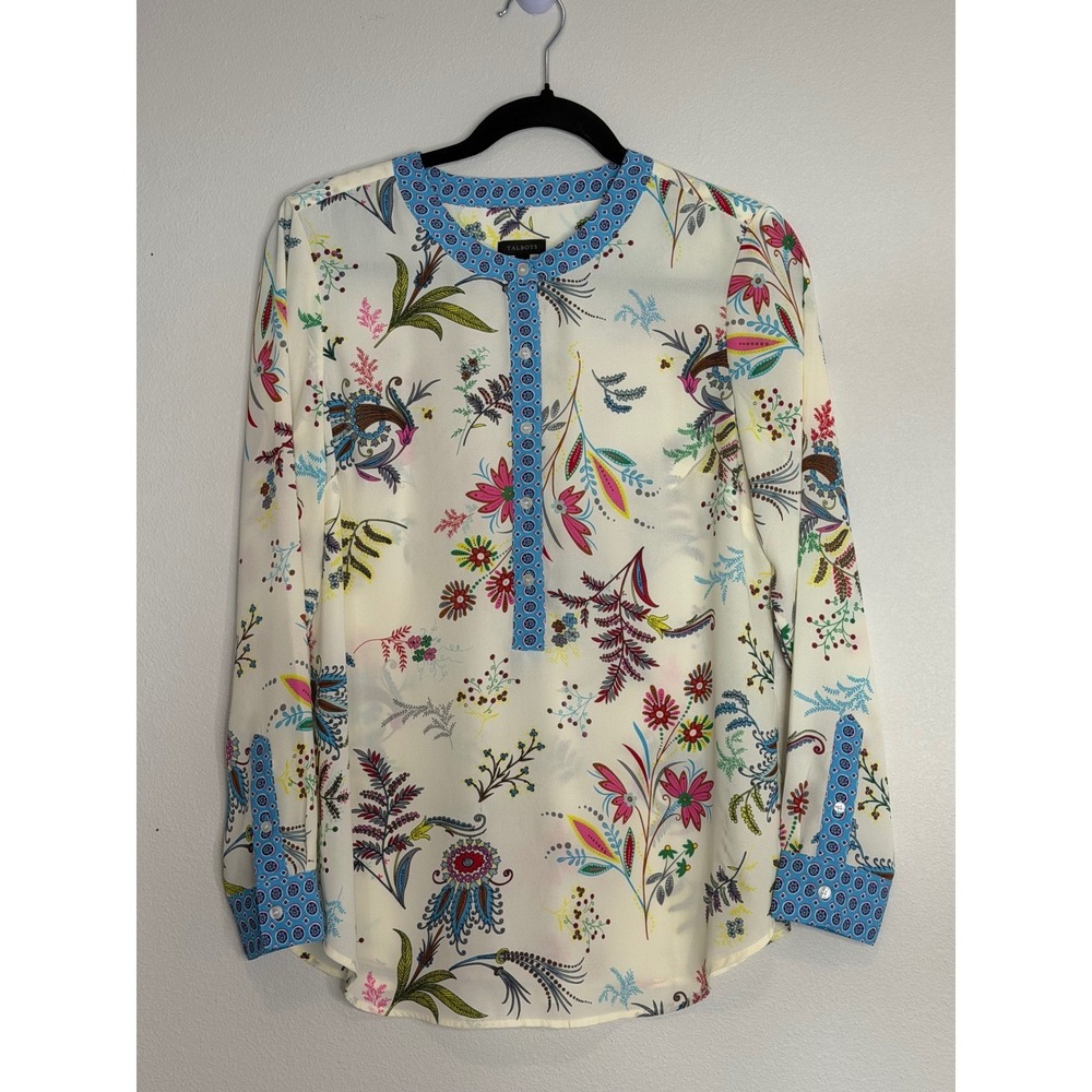 Talbots Women's Floral Print Long Sleeve Popover Blouse with Blue Trim Sz S